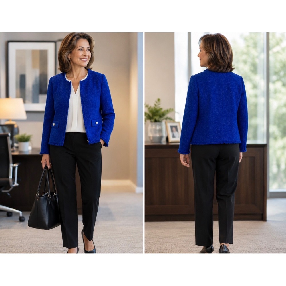 Cato‎ Royal Blue Tweed Jacket Womens XL Open Front Frayed Trim Cropped Blazer